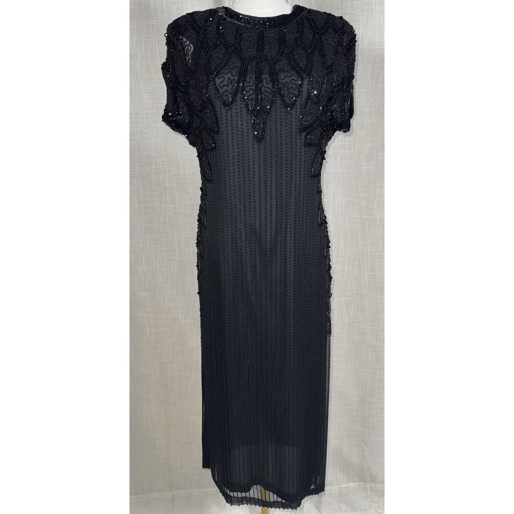 Vintage Oleg Cassini Black Tie Fully Beaded Cocktail Dress Size 6 62313 Women's